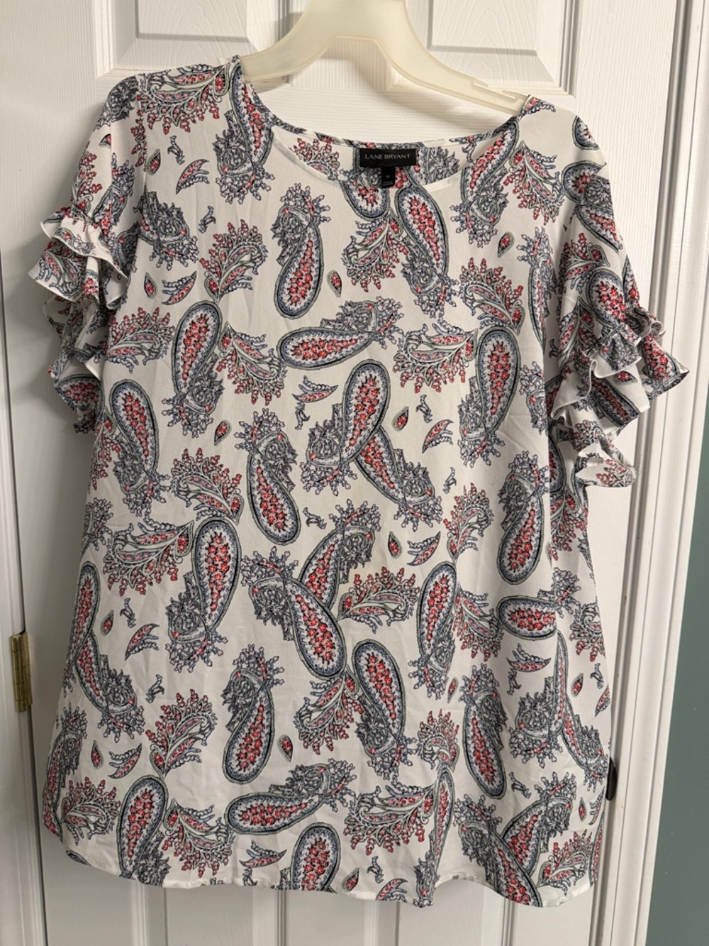 Lane Bryant White Paisley Ruffle-Sleeve Blouse with Red & Blue Accents